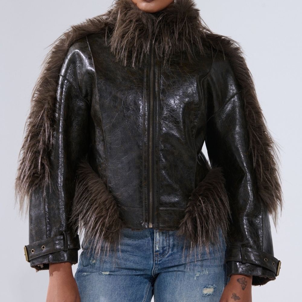 Women's Faux Fur Trim Leather Jacket